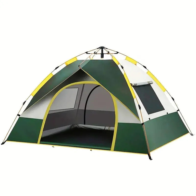 Dark green silver glue automatic quick-open camping tent for 3-4 people, set up outdoors.