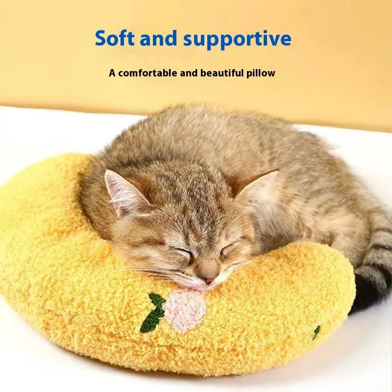 U-shaped neck protection pillow for cats in moon and question mark styles with blue, white and yellow colour options