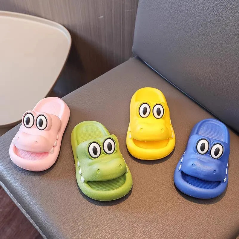 EVA platform parent child sandals with animal pattern in pink, green, yellow, and blue colours