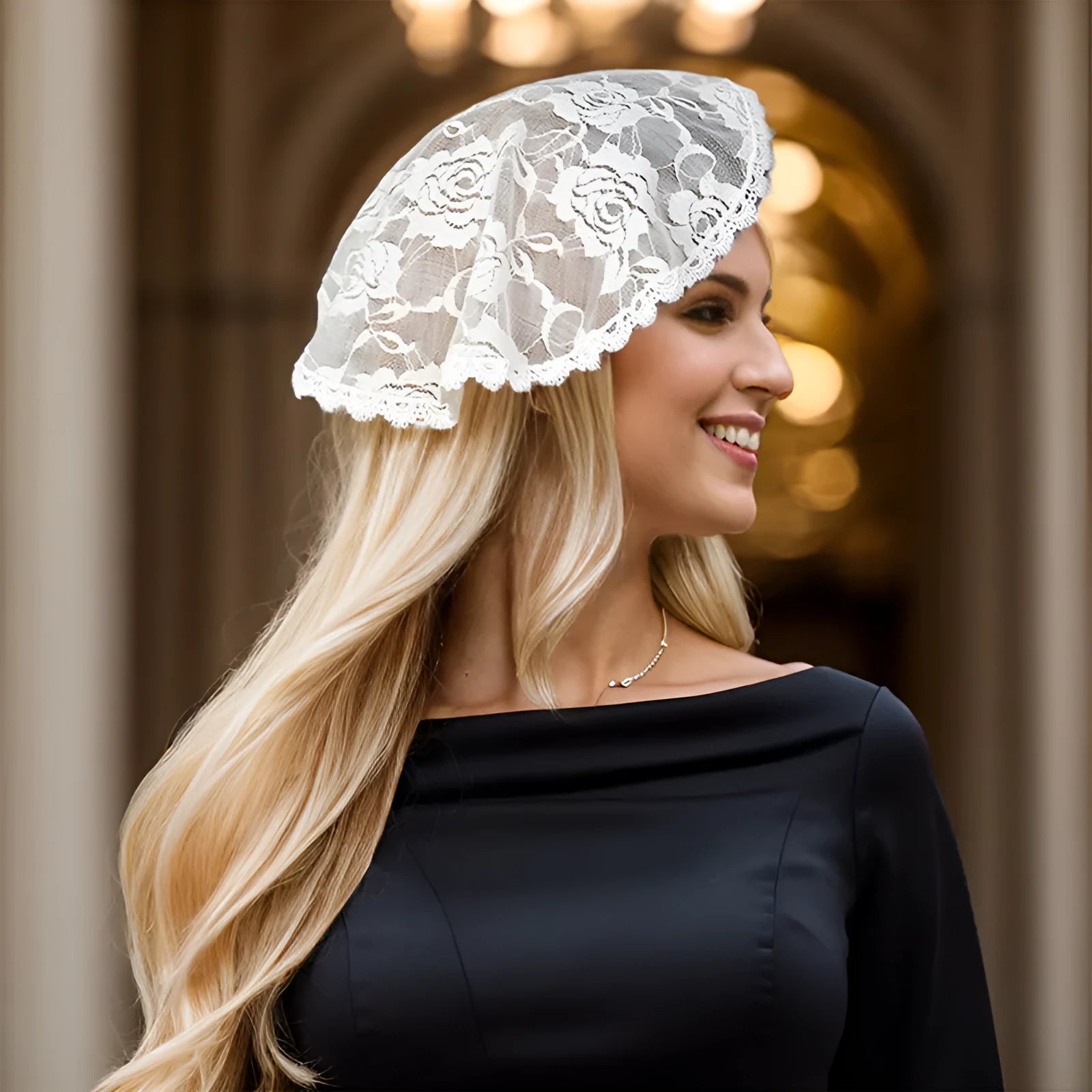 Round white bridal veil headpiece with flowers, 30cm diameter