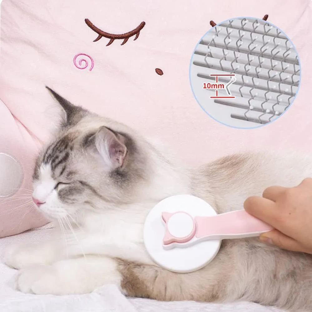 Blue self-cleaning cat grooming brush with rubber-tipped needles and a non-slip handle.