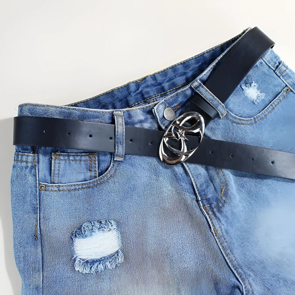 Silver buckle on a brown PU leather snap button belt laid flat showing its length.