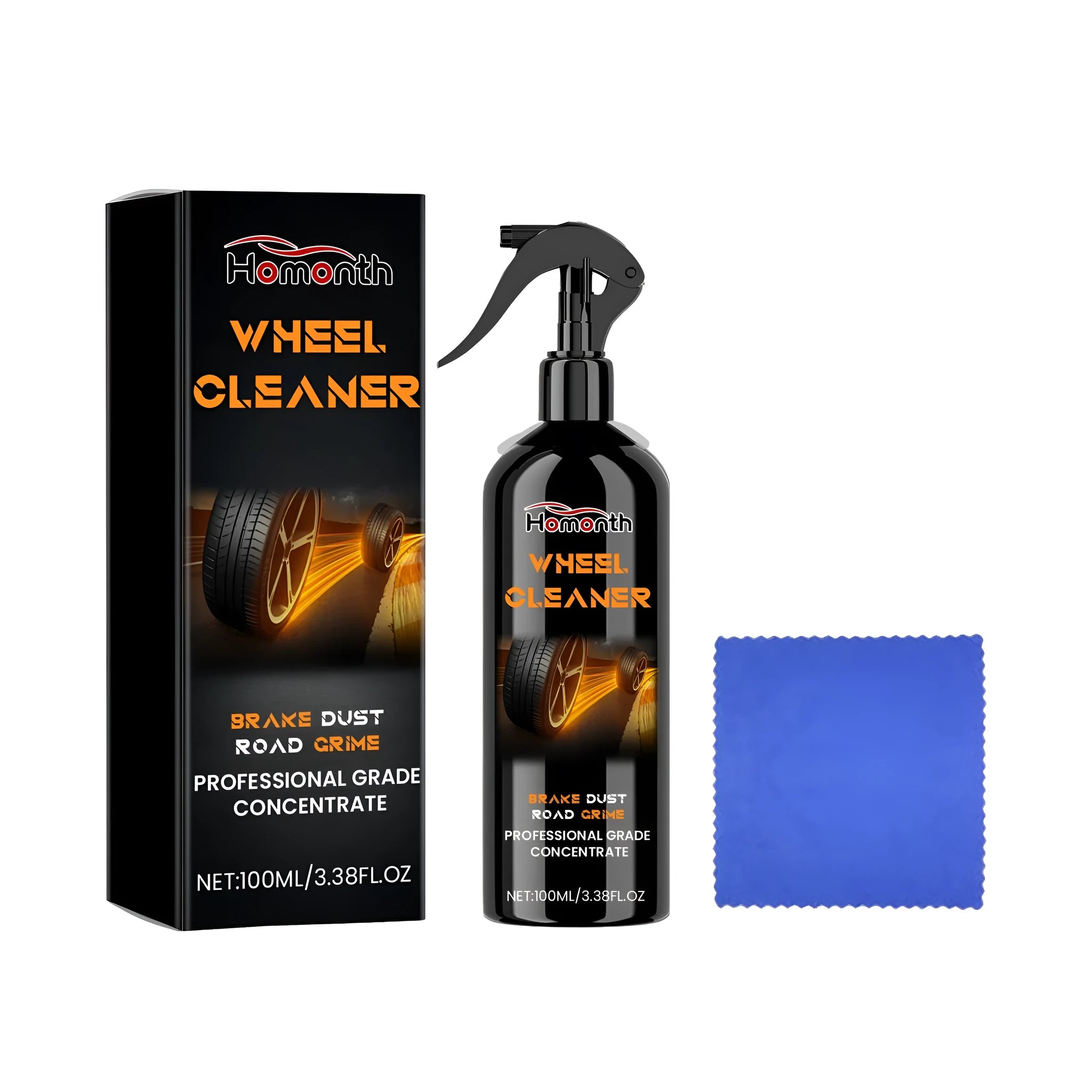 Wheel hub cleaner set with 100ml spray bottle and cleaning cloth for car rims