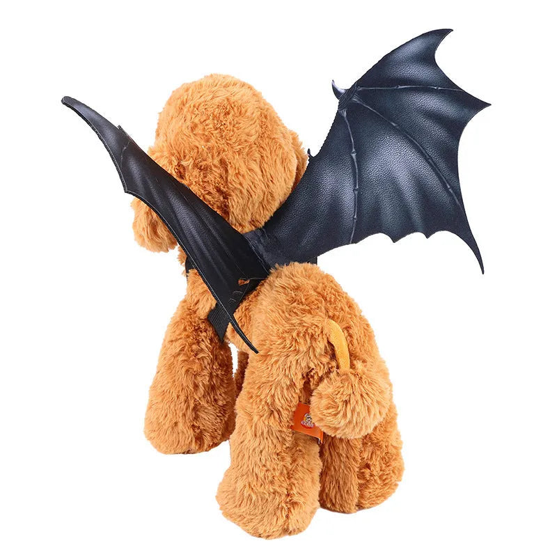 Black cloth bat wings costume for pets with three size options shown
