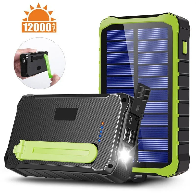 Orange and green hand crank solar power bank with 12000mAh capacity showing USB ports and LED torch
