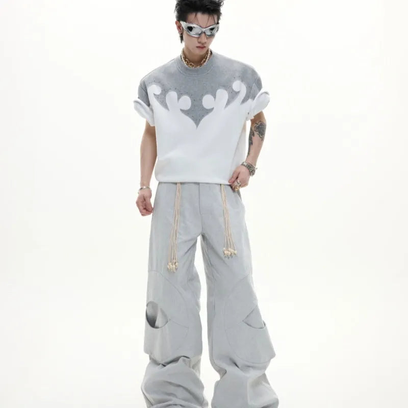 Men's grey cotton T-shirt with 3D burnt flower stitching and rhinestone decoration on chest