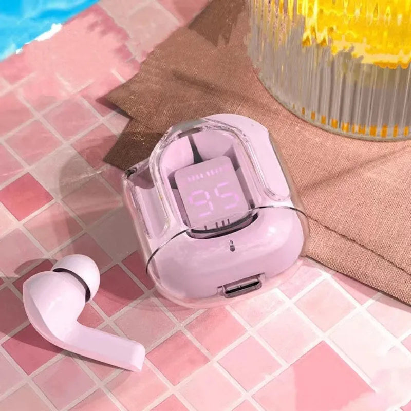 Transparent space capsule case showing Jerry chip Bluetooth earphones inside with digital battery display