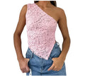Women's sleeveless lace backless vest top with asymmetrical neckline in solid colour