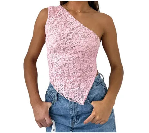Women's sleeveless lace backless vest top with asymmetrical neckline in solid colour