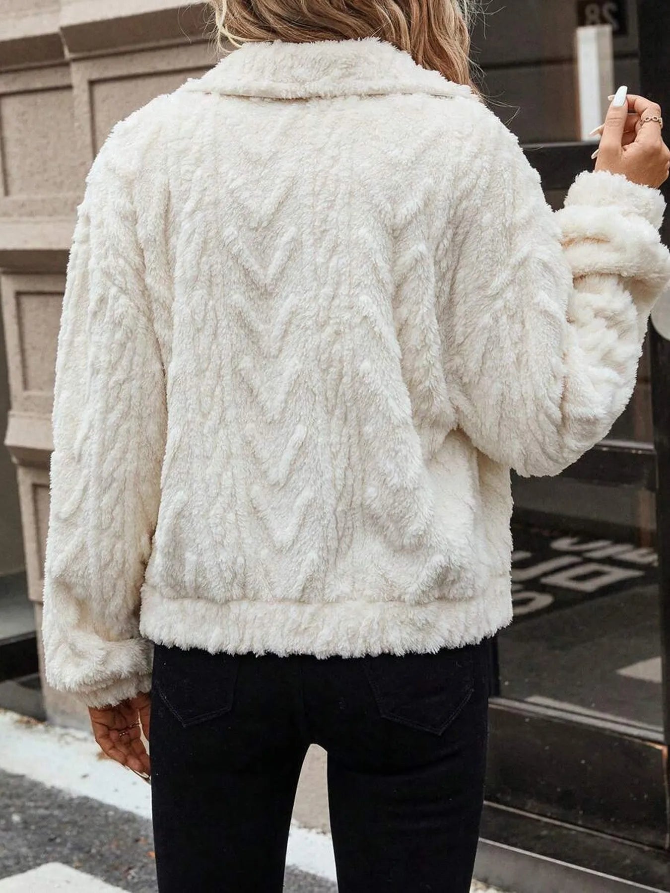 Women's ivory white double-sided plush button cardigan with regular sleeves
