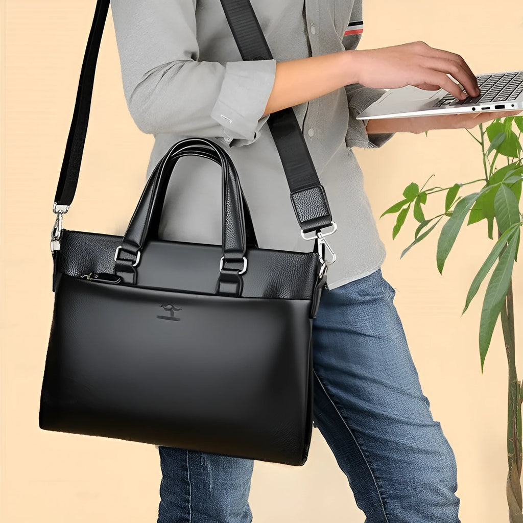 Men's black and brown PU leather shoulder messenger bag with splicing design.