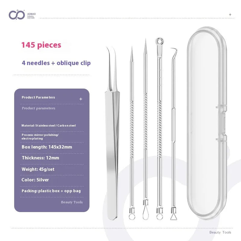 Four silver metal acne needles with pointed tips laid out on a surface.