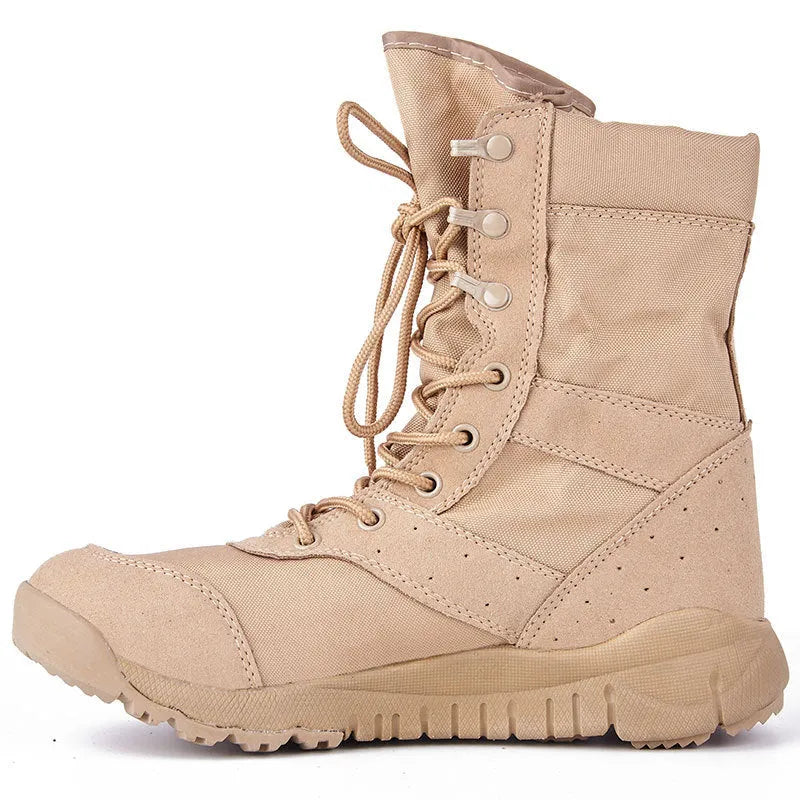 Yulong Combat Boots in black and sand colours, shown as unisex outdoor climbing and tactical desert footwear.
