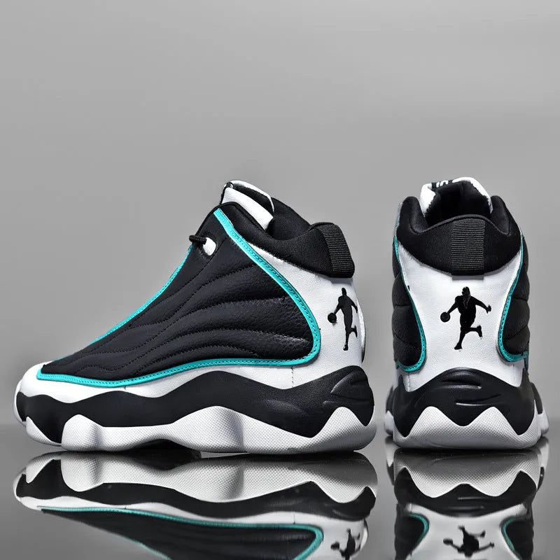 High-top basketball shoes with thick rubber sole and mesh upper in white red colourway