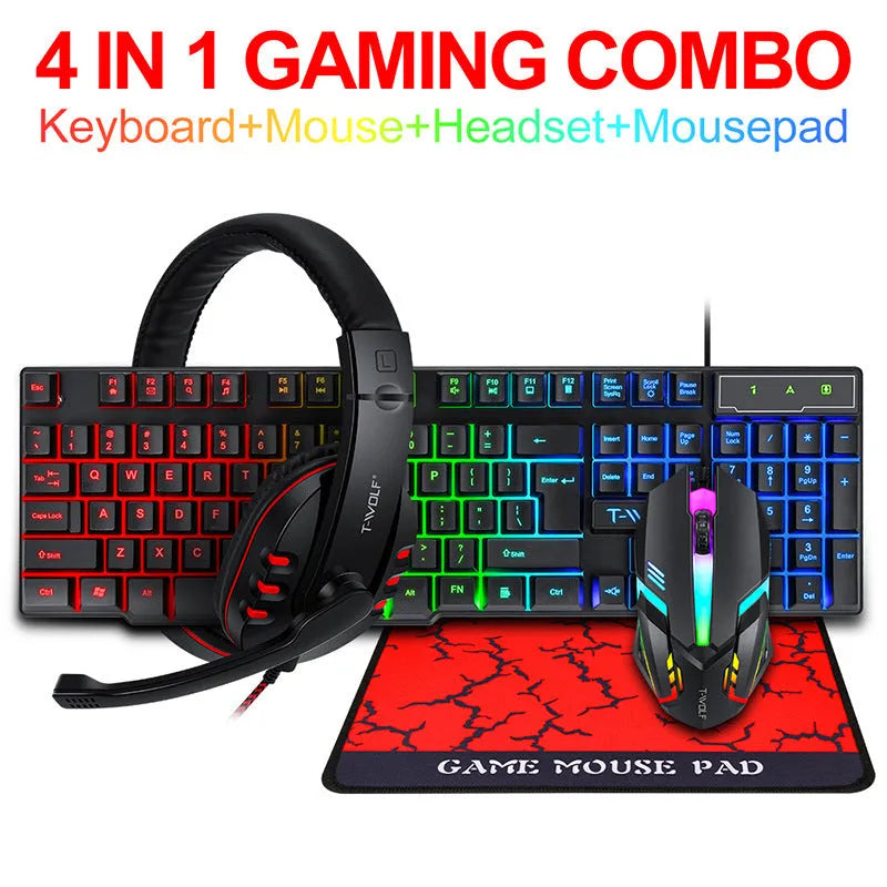 Thunder Wolf gaming keyboard and mouse set with headset and rectangular mouse pad