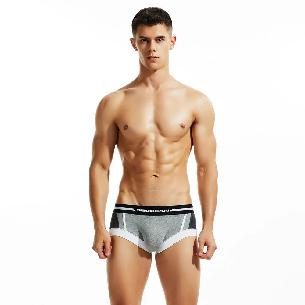 Men's cotton boxer shorts in red, dark blue and light grey colours showing low waist design