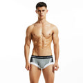 Men's cotton boxer shorts in red, dark blue and light grey colours showing low waist design
