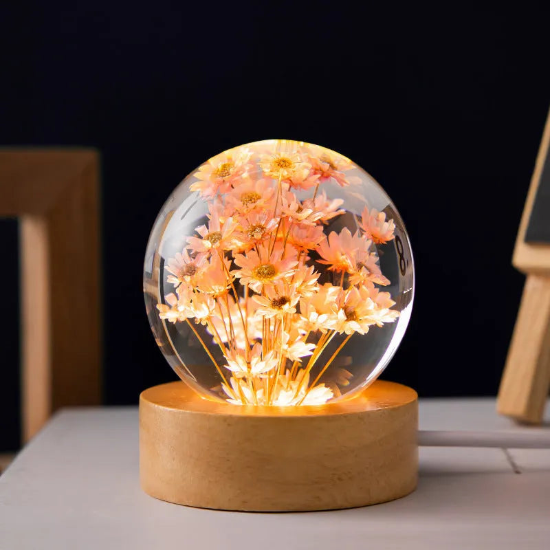 3D dandelion crystal ball night light on beech wood stand, showing 60mm resin sphere with internal flower.