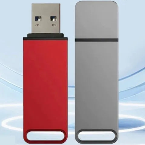 Black, red, and silver metal USB flash drives showing custom graphic option and high storage capacities up to 16TB.