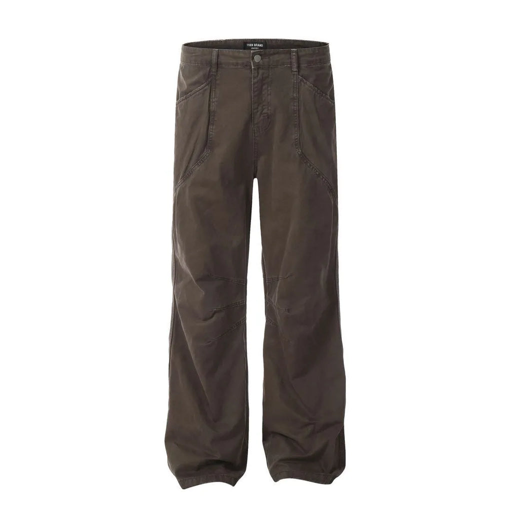 Men's brown straight-leg cotton trousers with loose fit and high-waist design
