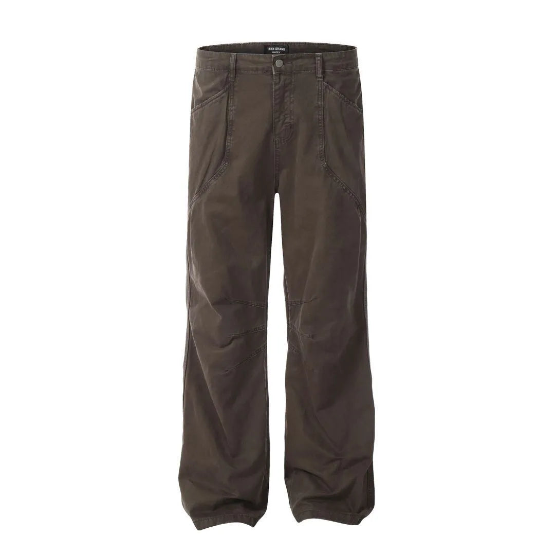 Men's brown straight-leg cotton trousers with loose fit and high-waist design