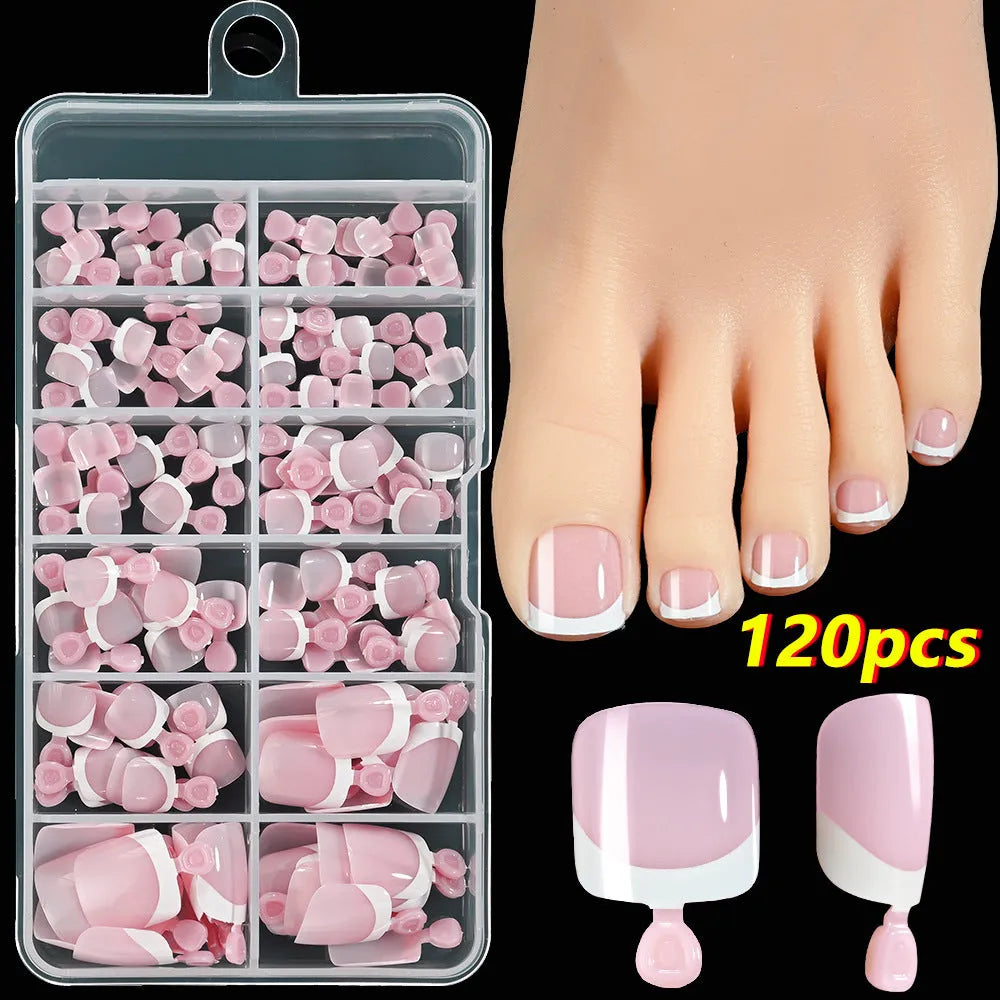 Box of 120 French tip artificial toenails in full square short shape with nine nude colour options