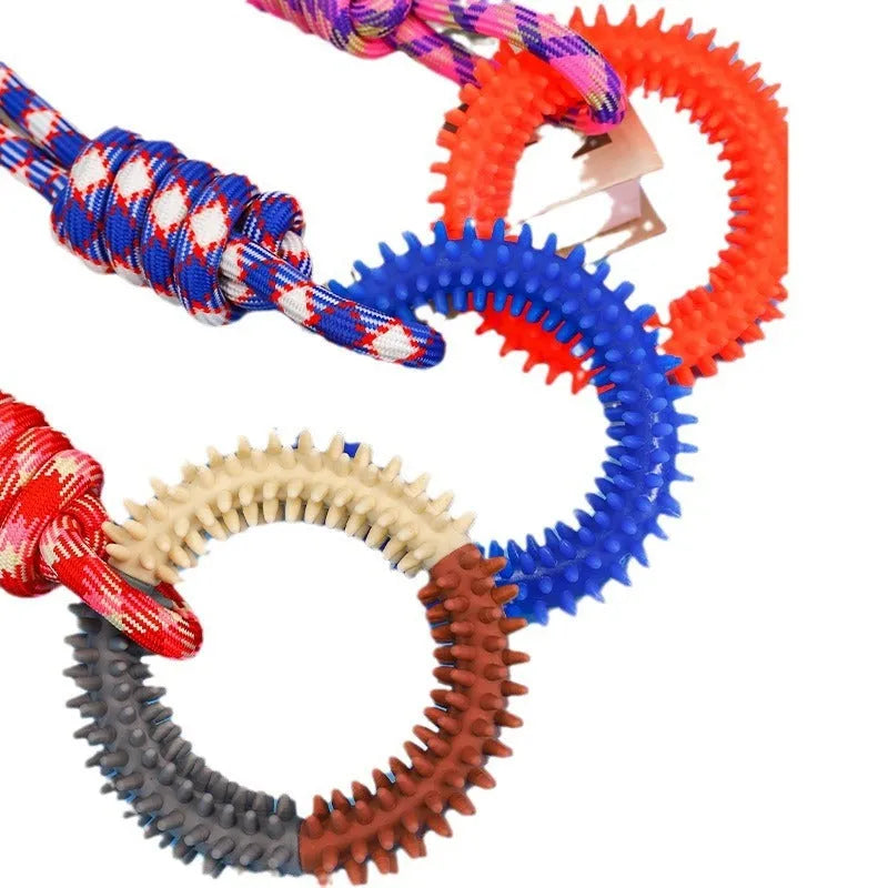 Blue braided rope dog toy with puppy knot design measuring 43 cm long