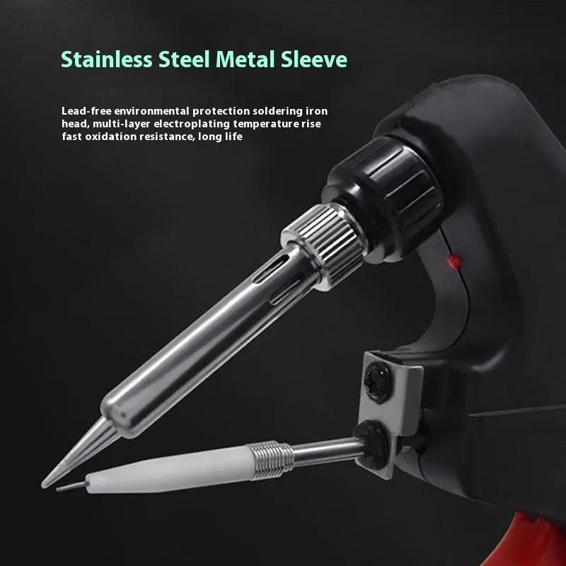 External heating handheld soldering gun with black plastic handle, stand, and accessories on workbench