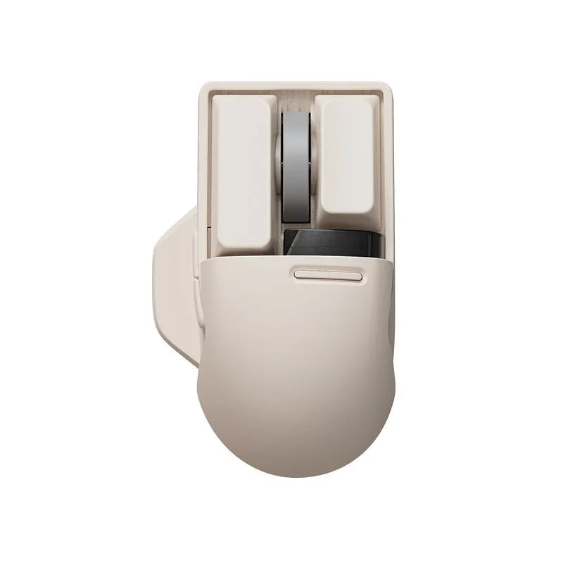 Tofu coloured wireless computer mouse with programmable buttons and scroll wheel on plain background