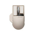Tofu coloured wireless computer mouse with programmable buttons and scroll wheel on plain background