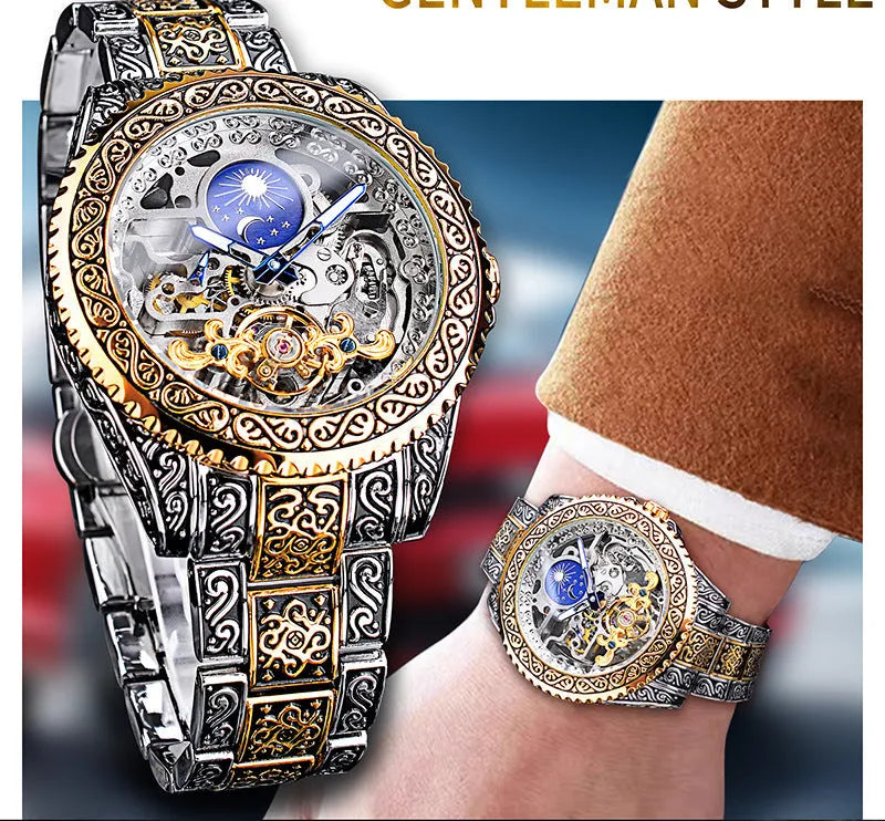 Forsining skeleton automatic mechanical watch with yellow stainless steel case showing visible movement