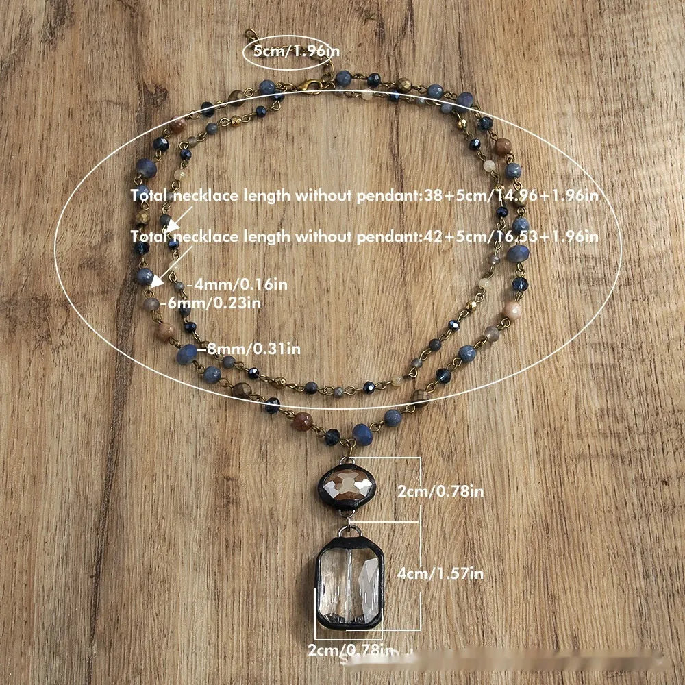 Two-layer tribal necklace with stone and glass pendant on adjustable alloy chain