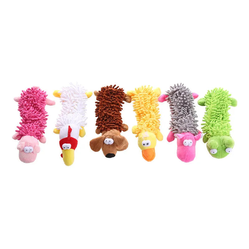 Soft brown plush dog toy shaped like a molar with animal print, alongside yellow duck and white chicken versions.