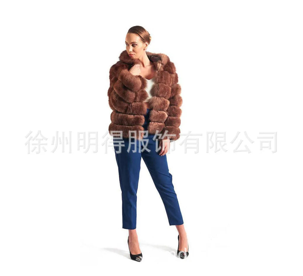 Women's loose fit hooded faux fur coat in street fashion style showing brown colour option