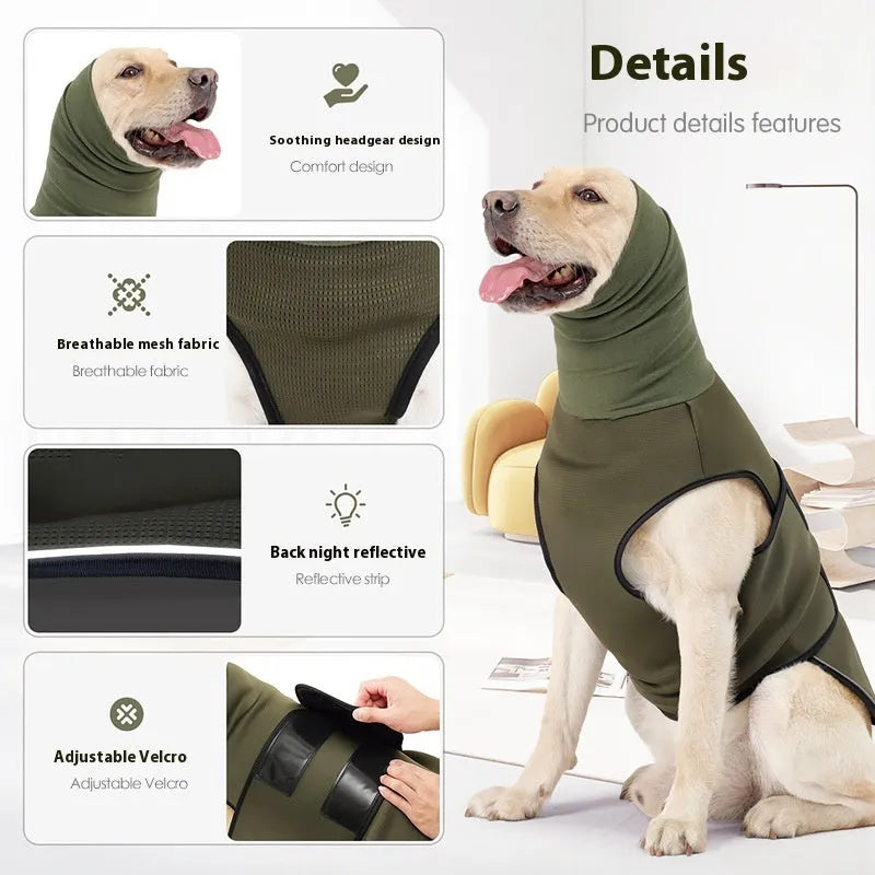 Army Green polyester dog anxiety jacket shown on a medium-sized dog.