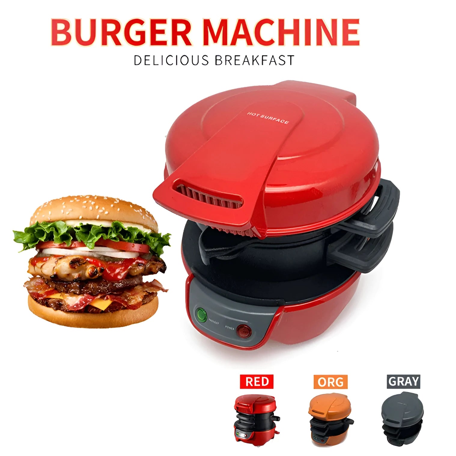 750W bright red breakfast sandwich maker with egg cooker ring and waffle machine function