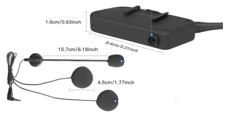 V6 Pro motorcycle Bluetooth intercom unit with mounting clip and charging cable on a motorcycle handlebar.