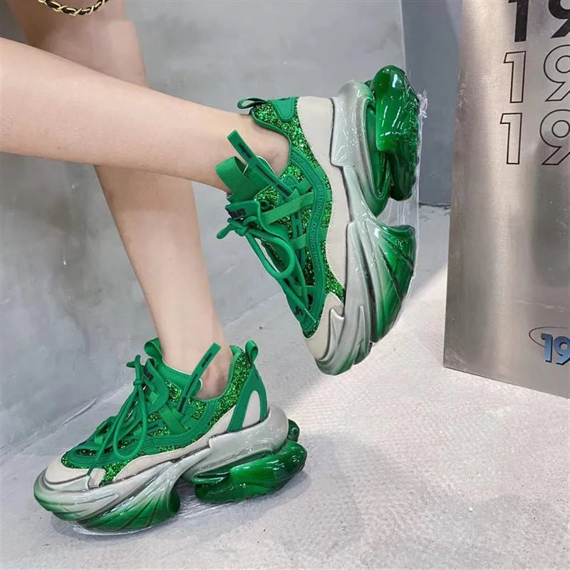 Women's leather casual sports shoes with a thick sole and cross-tie design in multiple colours.