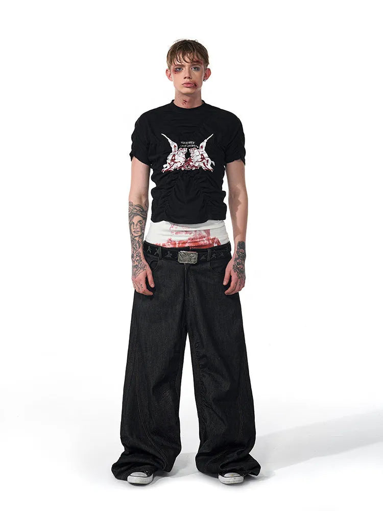 Black slim fit men's t-shirt with short sleeves and a printed design, laid flat.