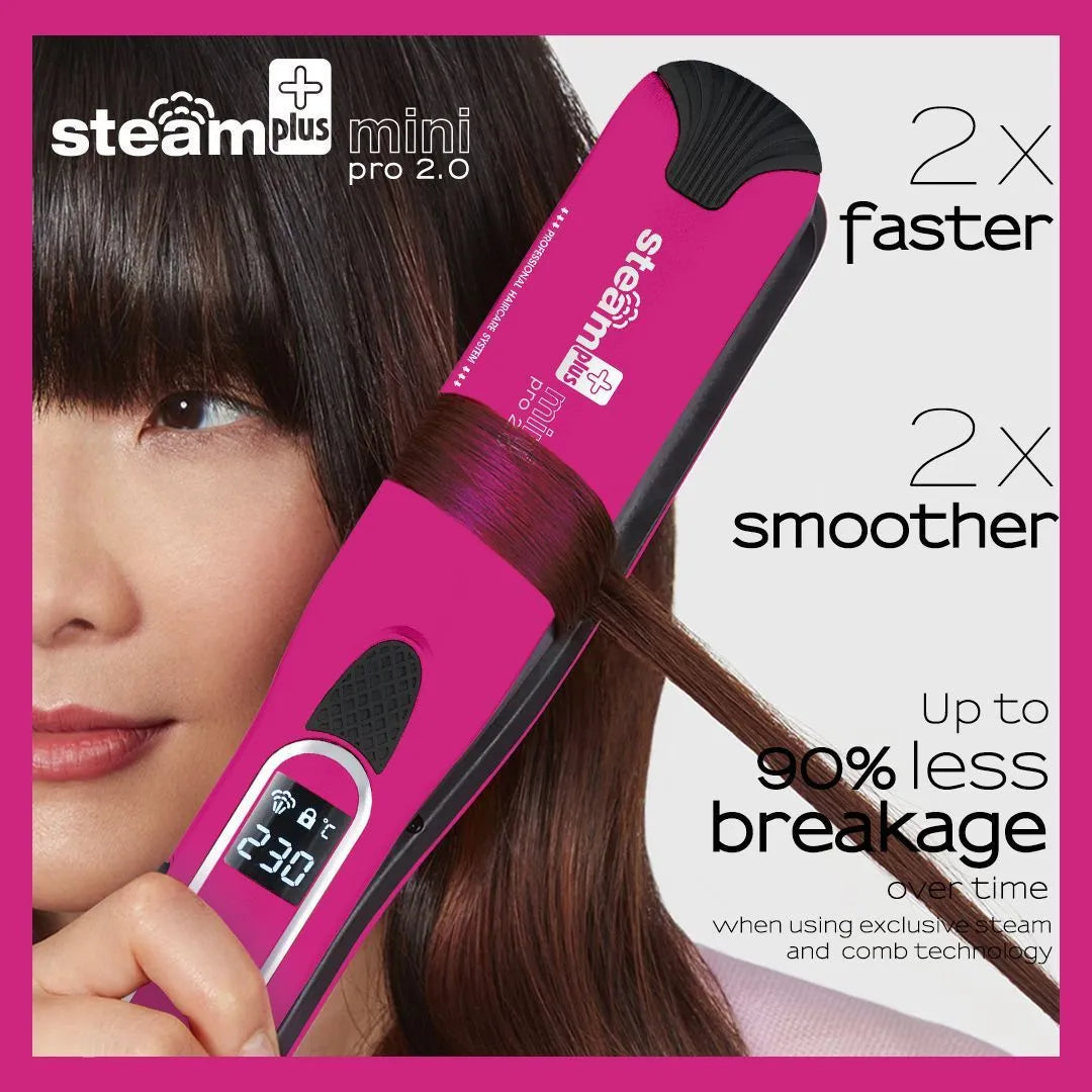 Mini steam hair straightener and curling iron in champagne, purple or rose red colour