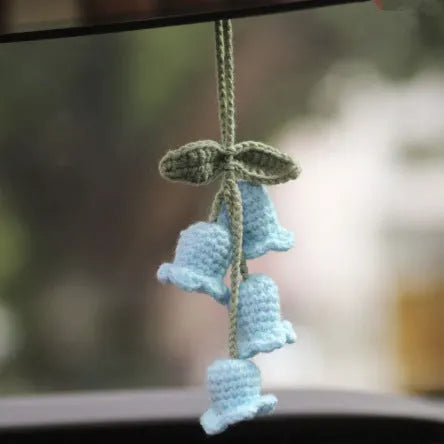 Green and white knitted wool succulent car ornament with 8cm base and hanging cord