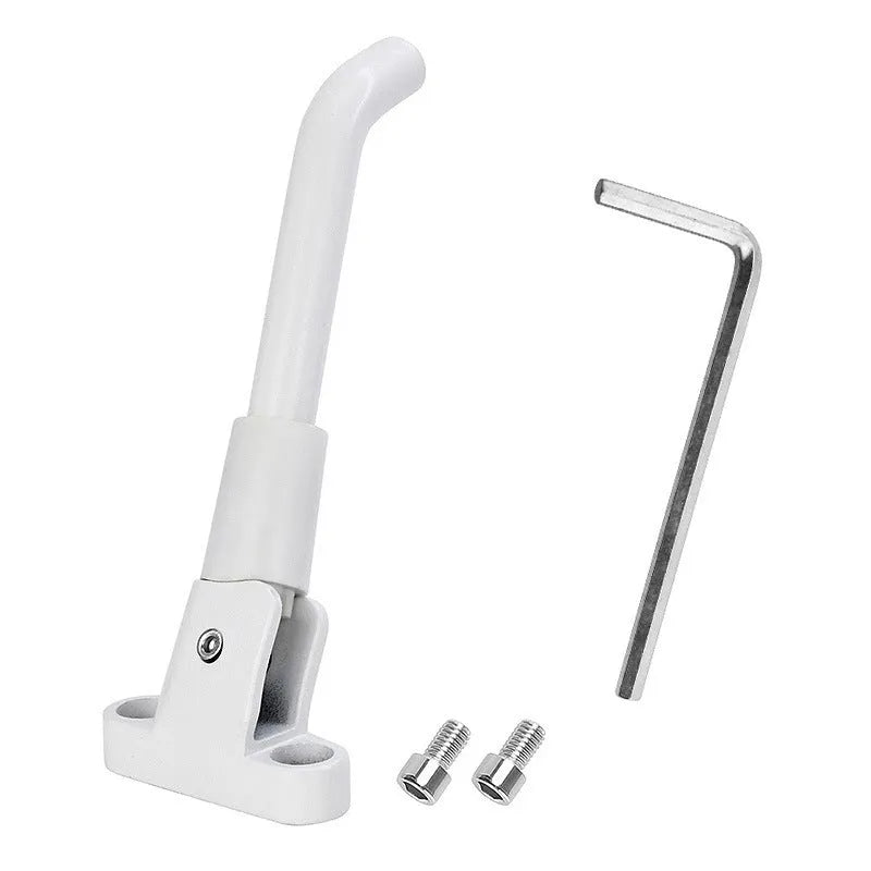 Aluminium electric scooter foot brace accessory in black, white, and grey colours with mounting screws