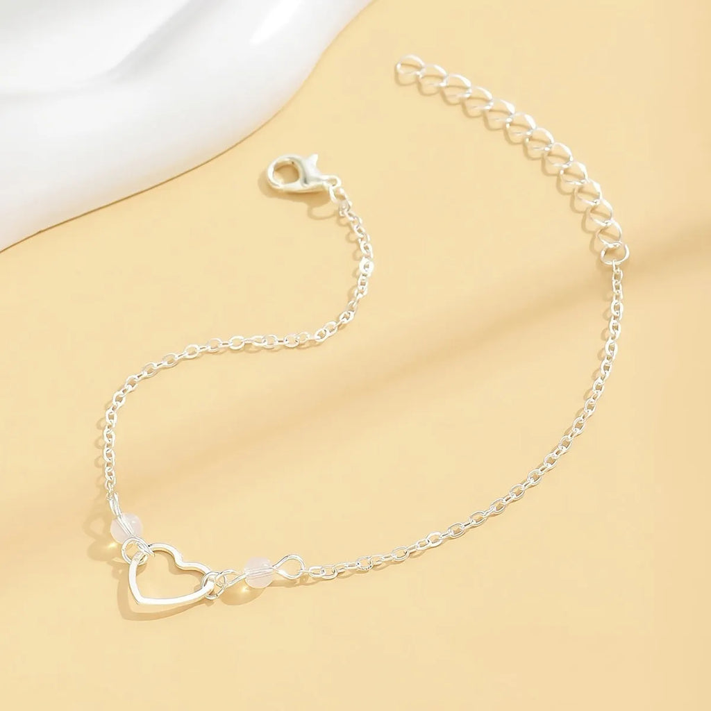Women's adjustable alloy anklet with heart-shaped pendant in gold or silver colour