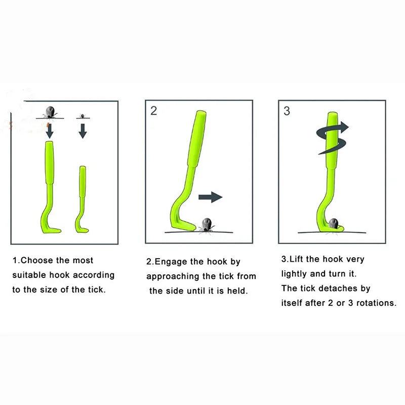 Three plastic pet tick removal clips in blue and green colours for cat and dog parasite control