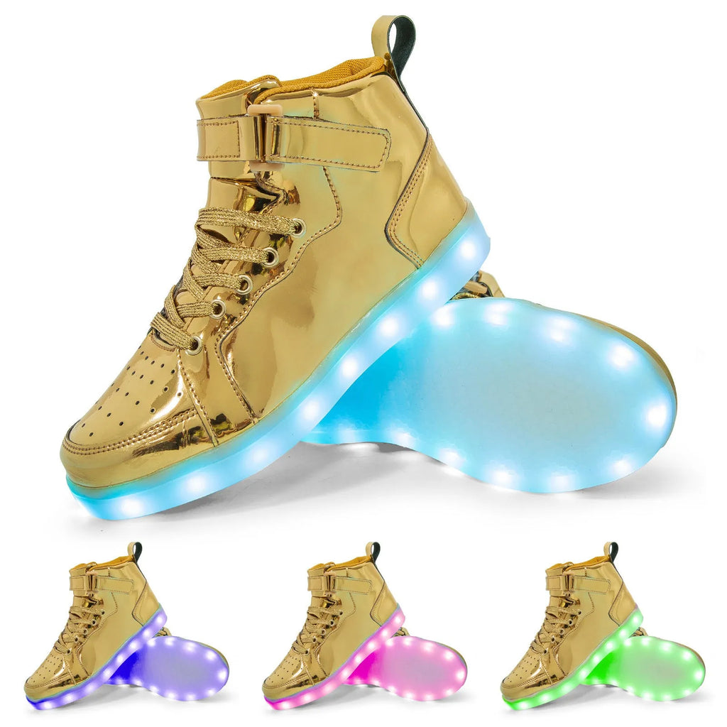 Rechargeable LED light-up high-top board shoes with Velcro closure in black, gold, and white colours