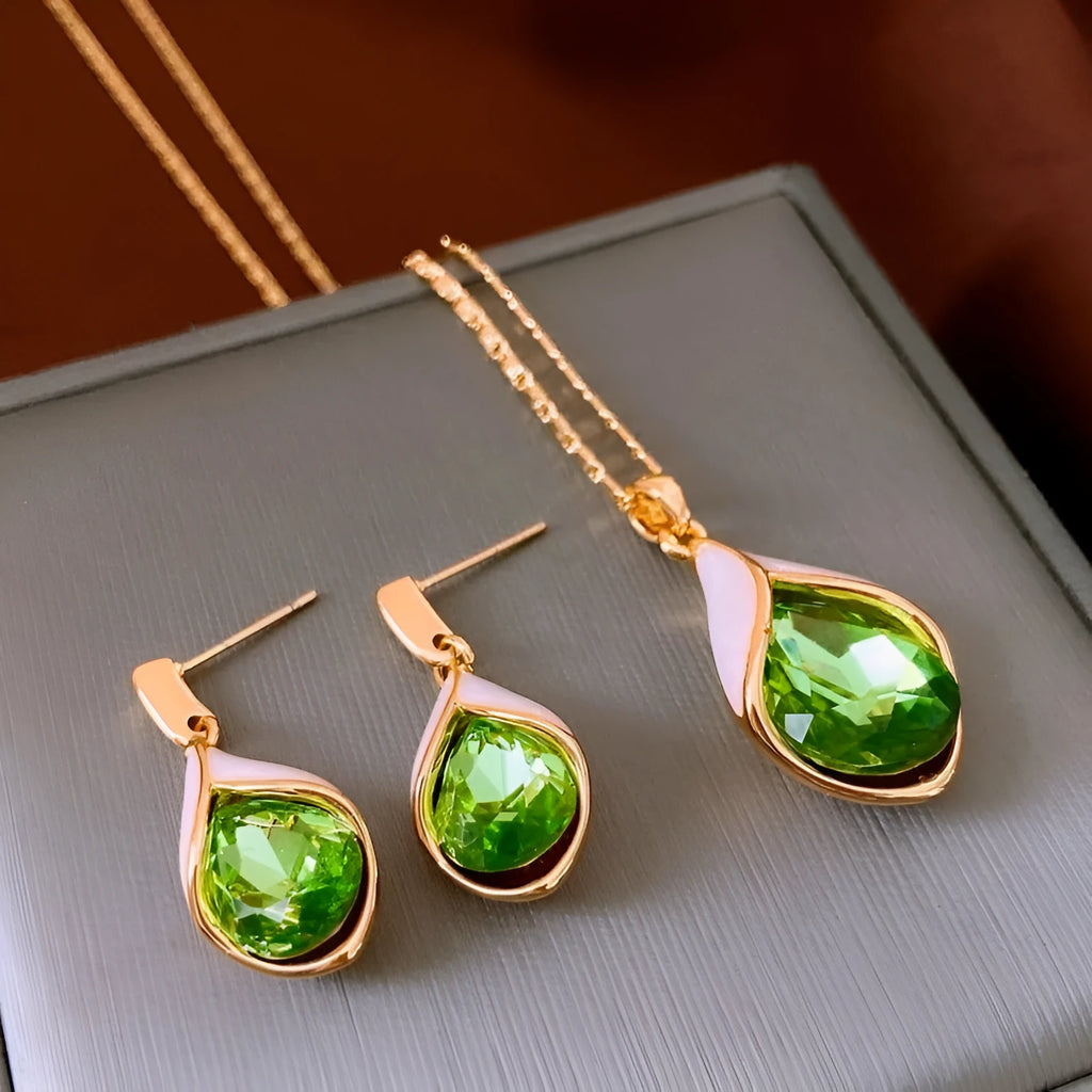 Real gold electroplated water drop-shaped earrings with inlaid zircon and crystal pendant