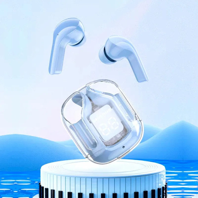 Transparent space capsule case showing Jerry chip Bluetooth earphones inside with digital battery display