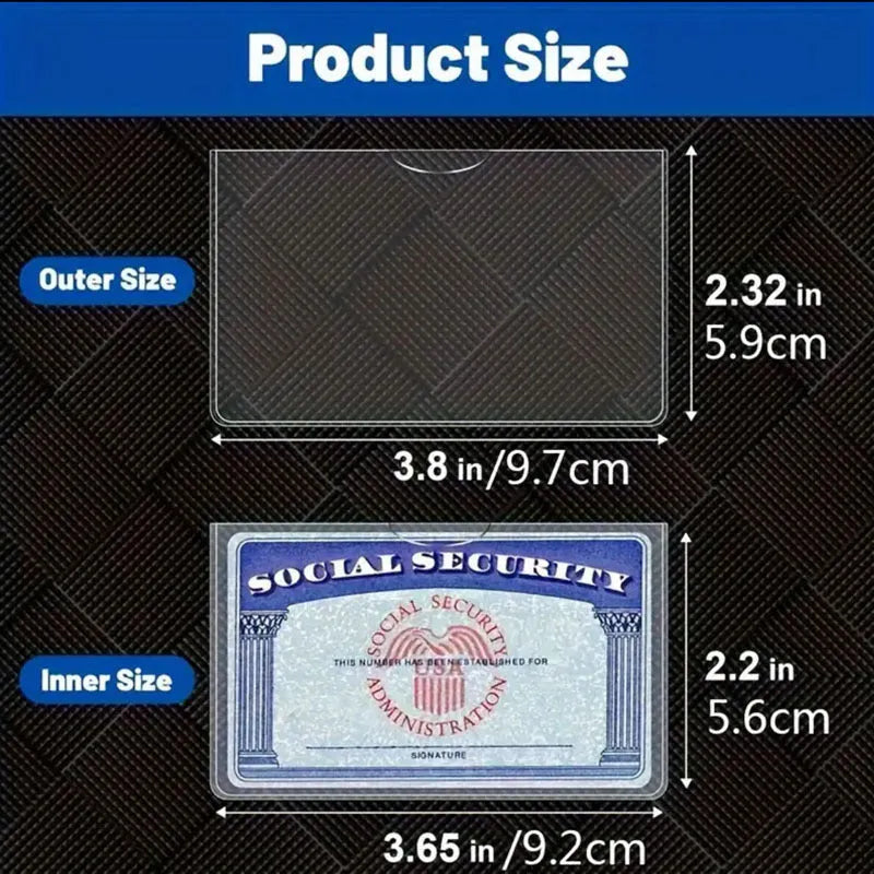 Clear PVC ID card holder protecting a social security card, shown at 9.7 by 5.9 centimetres.