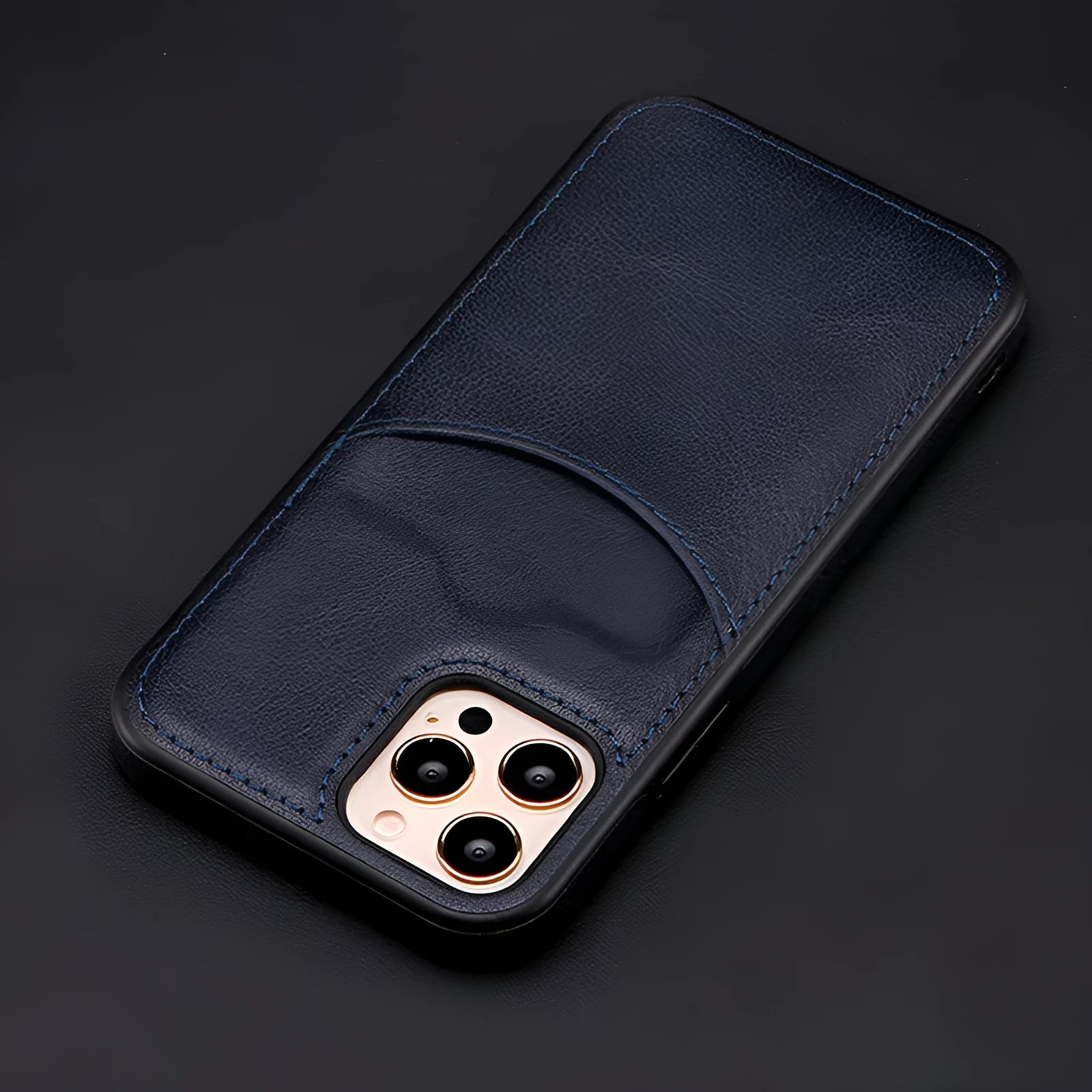 Dark blue PU leather protective case for iPhone models 7 through 14 Pro Max on a table.