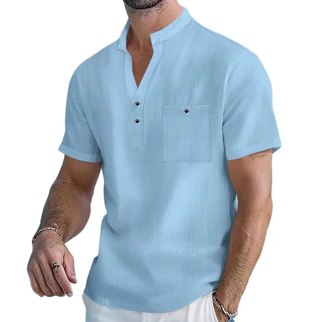 Men's linen stand collar short sleeve T-shirt in light blue solid colour loose fit